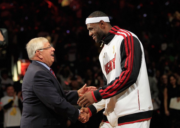 DONATIONS. In this file photo, NBA Commissioner David Stern greets the league's MVP LeBron James. 