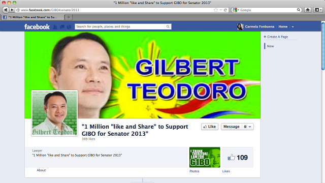 1 MILLION LIKES FOR GIBO? Facebook campaign launched to push former Defense Secretary Gilbert Teodoro to run for Senator (Facebook Screenshot)