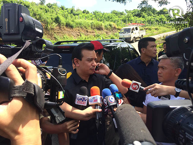 INITIALLY REFUSED ENTRY. Senator Antonio Trillanes IV and members of the media are initially refused entry at a Batangas farm purportedly owned by the Binays. Photo by Bea Cupin