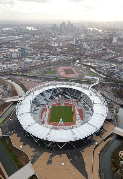 OLYMPIC PARK. Aerial view showing a section of the Olympic Stadium. Parts of the track are covered to protect it during overlay work by LOCOG required to turn the stadium into an Olympic venue. Picture taken on 5th December 2011 by Anthony Charlton. Photo courtesy of London 2012.