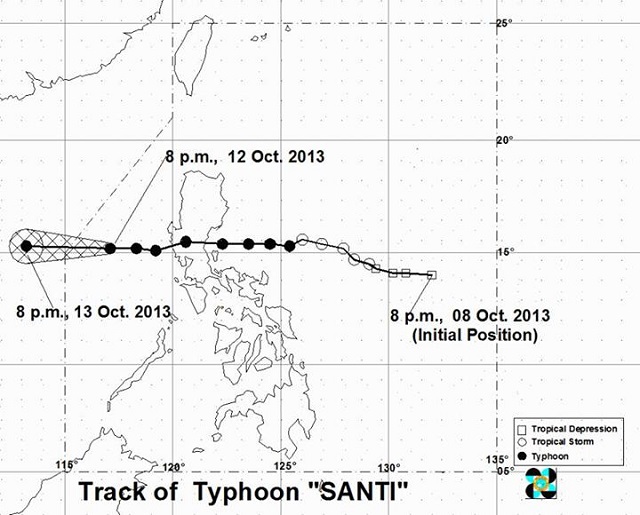 SANTI INTENSIFIES. Typhoon Santi is expected to be outside the Philippine Area of Responsibility by Sunday. Image from PAGASA