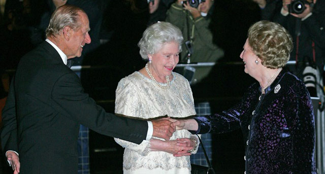 2005, October 13. Thatcher (R) greets her Majesty Queen Elizabeth II and Prince Philip, arriving for Thatcher's 80th birthday party at the Mandarin Oriental hotel in central London.
