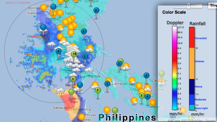 HEAVY RAINFALL. Screengrab from DOST's Project Noah site shows heavy rainfall as of 11:44pm August 5. 