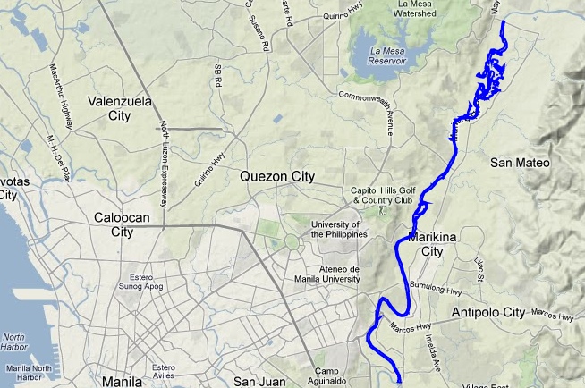 MARIKINA RIVER. The dark blue line is the Marikina River, which snakes through the metropolis. Several households experience flooding when the river's water level rises. 