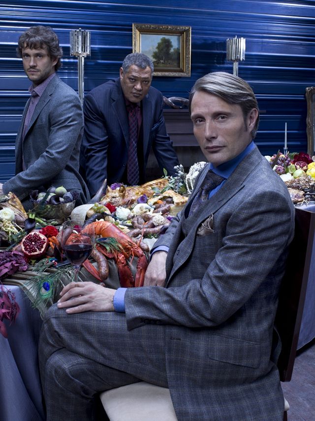 GREAT DANE. Mads Mikkelsen (foreground), long a star in his native Denmark, is poised for bigger global renown as ‘Hanniba,’ which co-stars Hugh Dancy (left) and Laurence Fishburne. All photos courtesy of AXN