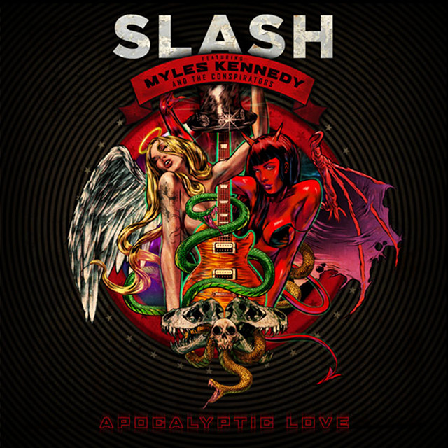 HEART OF GOOD AND EVIL. The cover for Slash’s latest album ‘Apocalyptic Love’, featuring a hard rock illustration by Casey Howard. Image by EMI Music