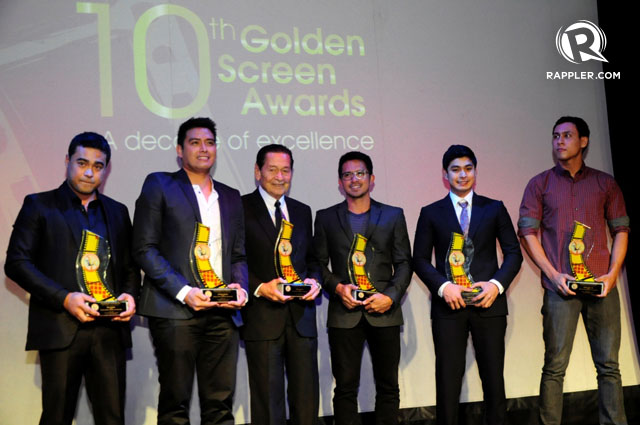 BIG MEN OF FILM. Sid Lucero, Alfred Vargas, Eddie Garcia, Dennis Trillo, Coco Martin, and Tirso Cruz III (represented by his son Bodie Cruz) were given recognition