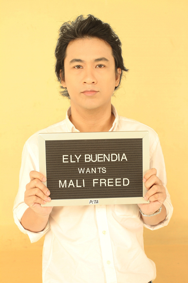 FREE MALI. Ely and other celebrities pose for mug shots to help free sick elephant Mali. Photo from PETA