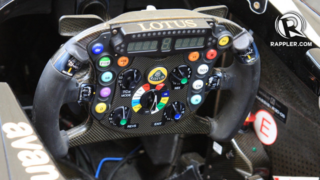 Close-up view of the steering wheel of an F1 car