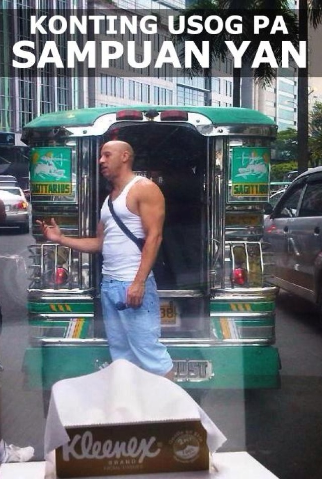 MANONG VIN. Vin Diesel goes from driving fast cars to 'barking' for jeepneys. Photo from Facebook