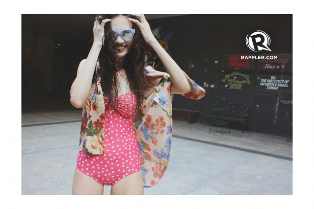 LOVE CURVES. Polka-dot monokini from For Me. Floral cover up from Folded and Hung.