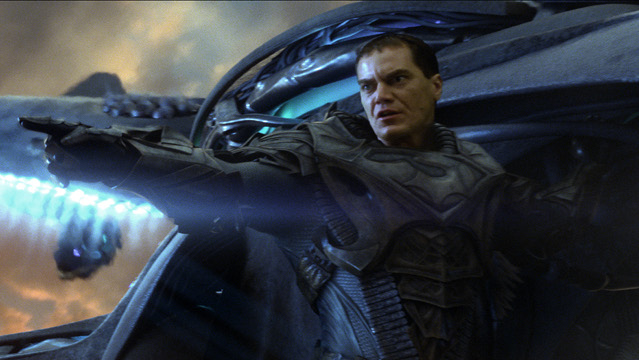 KNEELING OPTIONAL. The ever angry-eyed Michael Shannon as the new General Zod is a compelling cinematic descendant of Terence 'Kneel before Zod' Stamp  