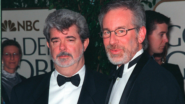 CONCERNED FILMMAKERS. George Lucas and Steven Spielberg at the Golden Globe Awards in 1999. Spielberg won Best Director for 'Saving Private Ryan.'