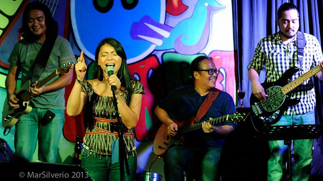 TEAM B. Barrios with some of her ‘Malaya’ collaborators: (from left) guitarist-arrangers Legaspi and Mike Villegas, and bassist Louie Talan 