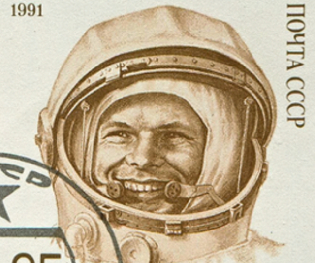 FIRST MAN IN SPACE. A 1991 postage stamp of cosmonaut Yuri Alekseyevich Gagarin (1934-1968)