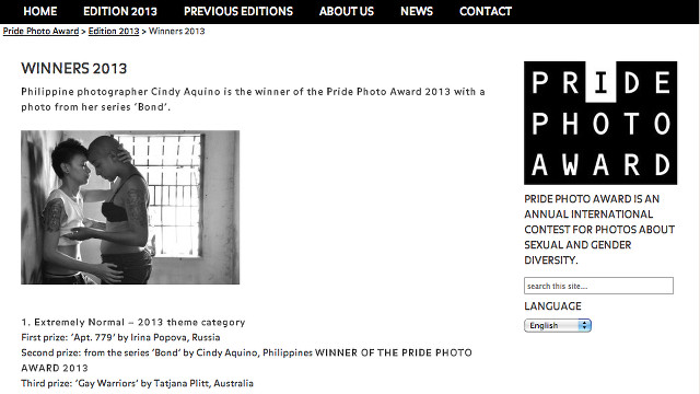 PHOTO FINISH. Cindy Aquino's photograph wins best over-all single photo in the 3rd annual Pride Photo Award. Screenshot from www.pridephotoaward.org
