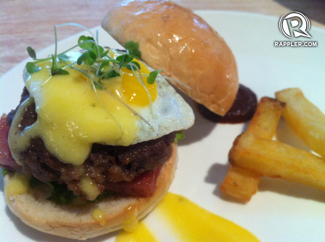 BENEDICT BURGER. A combination of pure beef, spam and egg