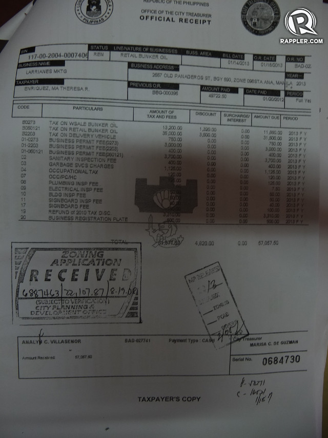 PERMIT FEES. The oil depot allegedly paid for inspection as required by business permits