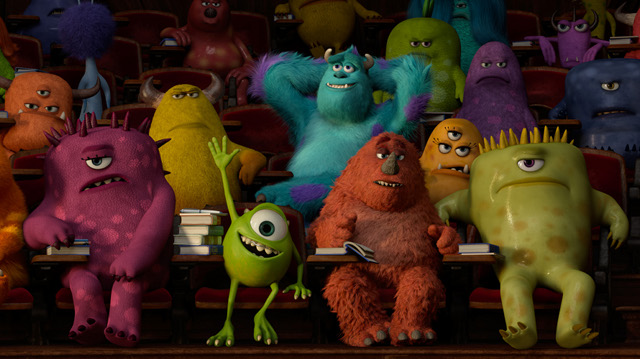 FIRST-DAY HIGH. ‘Monsters University,’ led by creepy cutesies Mike Wazowski (front, 2nd from left, voiced by Billy Crystal) and James P. Sullivan (back, 3rd from left, voiced by John Goodman), is just in time for this month’s opening of classes. All images by Disney/Pixar 