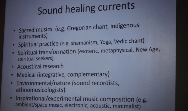 PAST TO PRESENT. A slide from Dr. Hackett’s presentation shows the development and the different kinds of sound healing