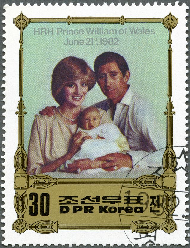 DIANA AND KATE ARE CONNECTED. A stamp printed in North Korea in 1982 shows Charles and Diana carrying William