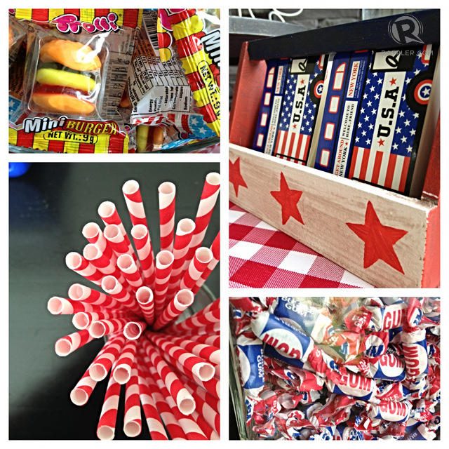 DETAILS FROM THE DESSERT/SNACK TABLE: Red, white and blue bubblegum; red and white straws; red, white and blue tool box filled with mini notepads; hamburger and hot dog gummies. All photos by Michelle Ressa-Aventajado