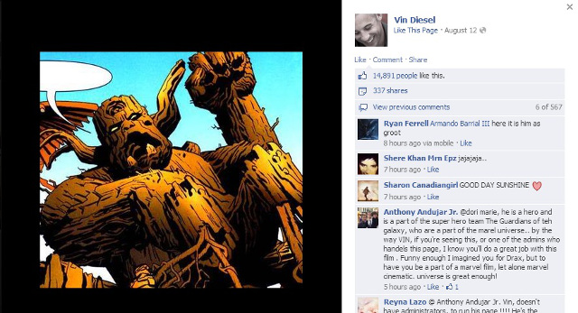 'I AM GROOT.' This role 'defies expectations,' says Vin. Screen grab from his Facebook page