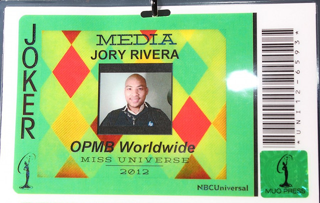 PROOF OF COVERAGE. Jory Rivera's 2012 Media ID from the Miss Universe Organization and NBC Universal. Photo courtesy of Jory Rivera