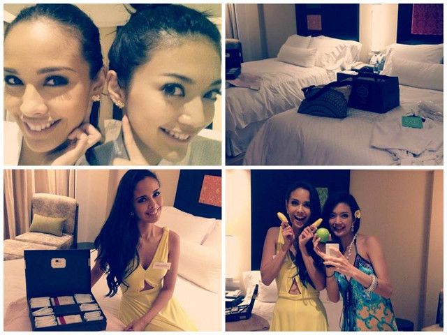 GIRLY BONDING. Megan with Miss Japan Michiko Tanaka in their new hotel room. Megan posted, 'Miss Japan really is the sweetest! She surprised me today with earrings only to find out that she has the same pair of jewelry. Awwww <3'