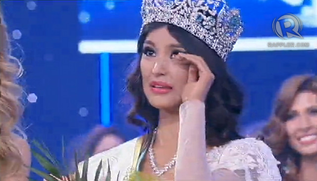 TEARS OF JOY. Mutya Datul shortly after she was declared Miss Supranational 2013. Screen grab by Kai Magsanoc/Rappler