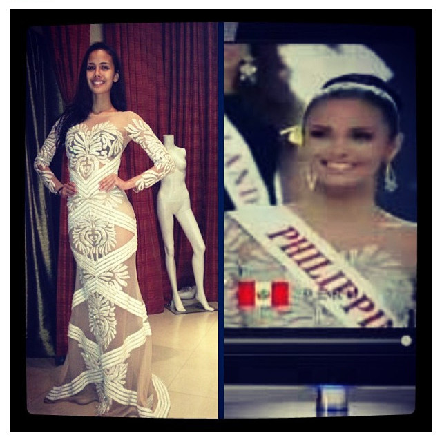FRANCIS LIBIRAN CREATION. Megan Young fitting the white and nude Swarovski-studded gown in Manila [left] and a screen shot of her Miss World 2013 opening show introduction [right]. Instagram photo by Jonas Gaffud