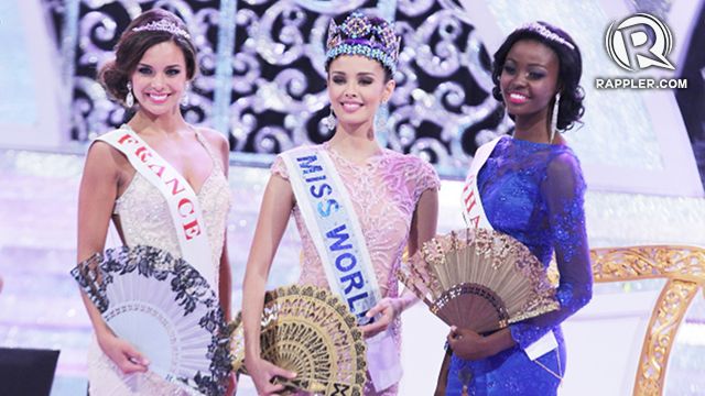 BROKEN CURSE. Miss World 2013 Megan Young from the Philippines [middle] with France's Marine Lorphelin [left], 1st runner-up, and Ghana's Naa Okailey Shooter [right], second runner-up. Photo by Jory Rivera/OPMB