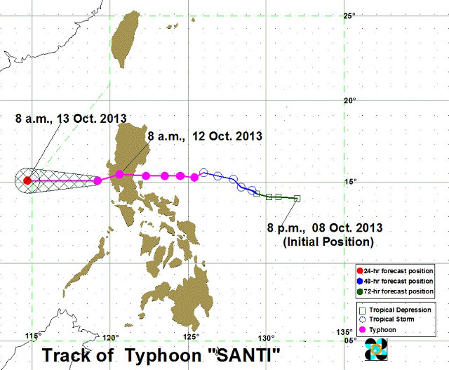 TYPHOON EXITING. Typhoon Santi is expected to be outside the Philippine Area of Responsibility by 8am on October 13. Image from PAGASA