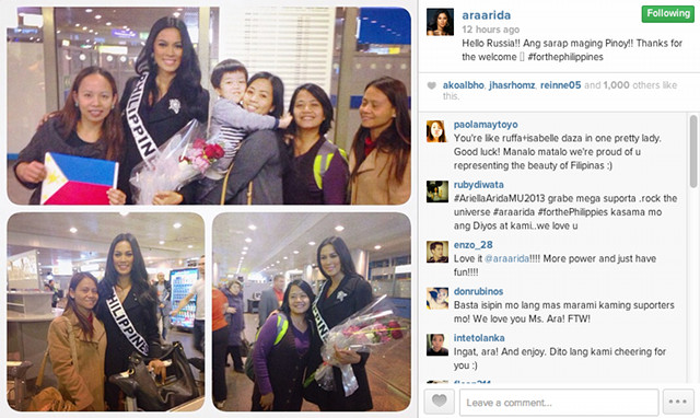 WARM WELCOME. Filipinos in Moscow, Russia welcome Miss Universe-Philippines Ariella Arida. Screenshot from @araarida on Instagram
