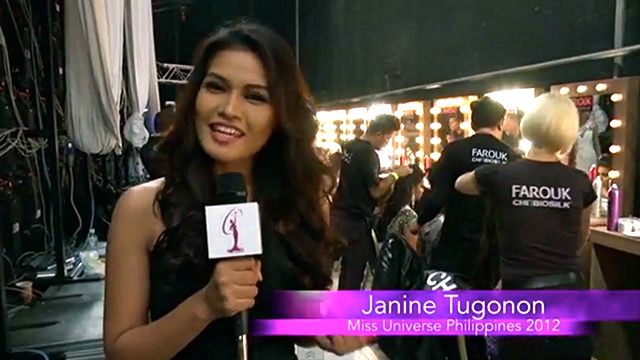 BACKSTAGE THIS TIME. 2012 Miss Universe 1st runner-up Janine Tugonon is a natural in front of the camera. Screen grab from YouTube (OfficialMissUniverse)