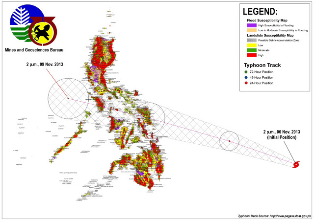 MAPPING OUT VULNERABILITIES. This map from DENR-MGB shows the localities susceptible to floods and landslides as Super Typhoon Yolanda makes its way across the Philippine land mass. Image courtesy of DENR-MGB
