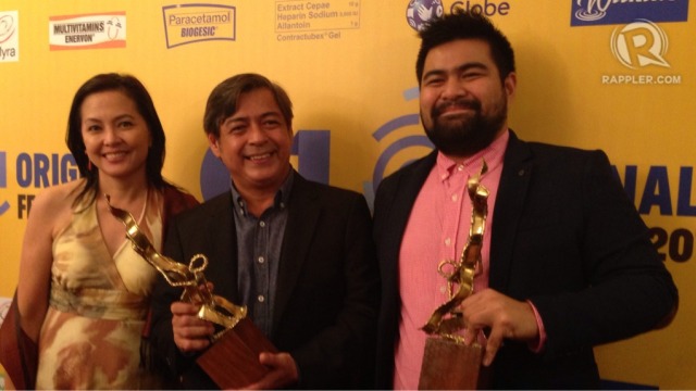 'KABISERA' WINNERS. Best Supporting Actress Bing Pimentel, Best Actor Joel Torre, and his nephew Best Director Borgy Torre. Photo by Ira Agting/Rappler