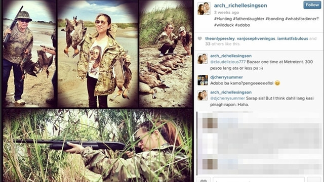 FOR SPORT. An Instagram post shows Chavit Singson and daughter on a wild duck hunting trip. Screengrab from Change.org