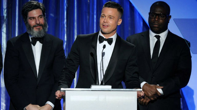 TOP PRIZE. '12 Years A Slave' producers (L-R) Anthony Katagas and Brad Pitt and director Steve McQueen. Photo by Kevin Winter/Getty Images/Agence France-Presse