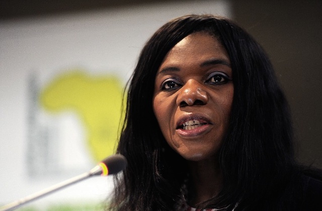 CHALLENGING ZUMA. This picture taken on February 25, 2014 shows South Africa's Public Protector Thuli Madonsela gesturing while speaking at the opening of the African Ombudsman Summit in Johannesburg. AFP/Stringer