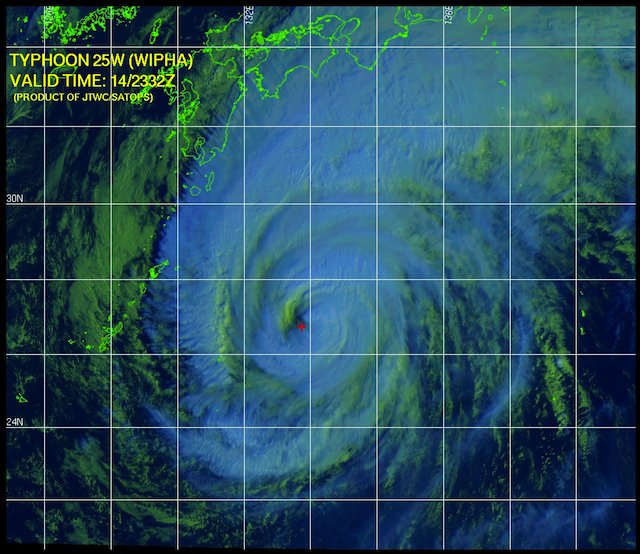 TYPHOON WIPHA. Typhoon Wipha as seen in this satellite image by the US Navy Joint Typhoon Warning Center (JTWC), 15 Oct 2013. Image courtesy JTWC