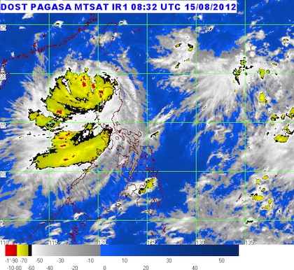 MTSAT ENHANCED-IR satellite image showing the location of tropical storm 'Helen' at 14:32 pm on 15 August 2012. Image courtesy of PAGASA.