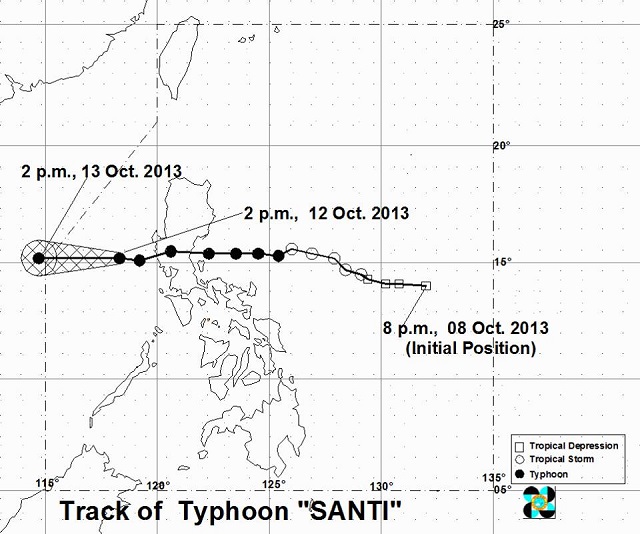 SANTI SLOWS DOWN. Typhoon Santi is expected to be outside the Philippine Area of Responsibility by Sunday. Image from PAGASA