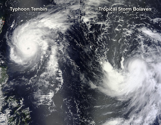 MODIS images from NASA's Terra and Aqua satellites on August 21, 2012 at 04:45 UTC were combined to provide a complete picture of the two tropical troublemakers in the northwestern Pacific: Typhoon Tembin and Tropical Storm Bolaven. Credit: NASA MODIS Rapid Response Team 