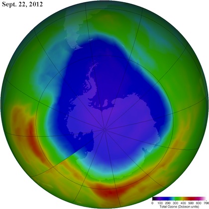 Ozone hole max over Antarctica on Sept. 22, 2012. Credit: NASA/Goddard Space Flight Center