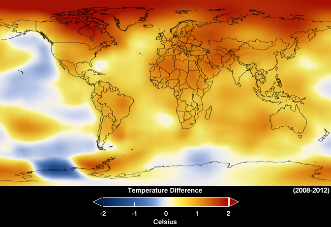 This map represents global temperature anomalies averaged from 2008 through 2012. Data source: NASA Goddard Institute for Space Studies; Visualization credit: NASA Goddard's Scientific Visualization Studio