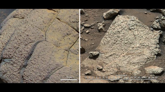 This set of images compares rocks seen by NASA's Opportunity rover and Curiosity rover at two different parts of Mars. On the left is " Wopmay" rock, in Endurance Crater, Meridiani Planum, as studied by the Opportunity rover. On the right are the rocks of the "Sheepbed" unit in Yellowknife Bay, in Gale Crater, as seen by Curiosity. Image credit: NASA/JPL-Caltech/Cornell/MSSS 