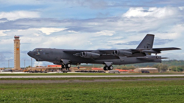 In this file photo, a B-52 Stratofortress takes off from Andersen Air Force Base, Guam, 29 Aug 2007. Image courtesy US Air Force, via Wikipedia