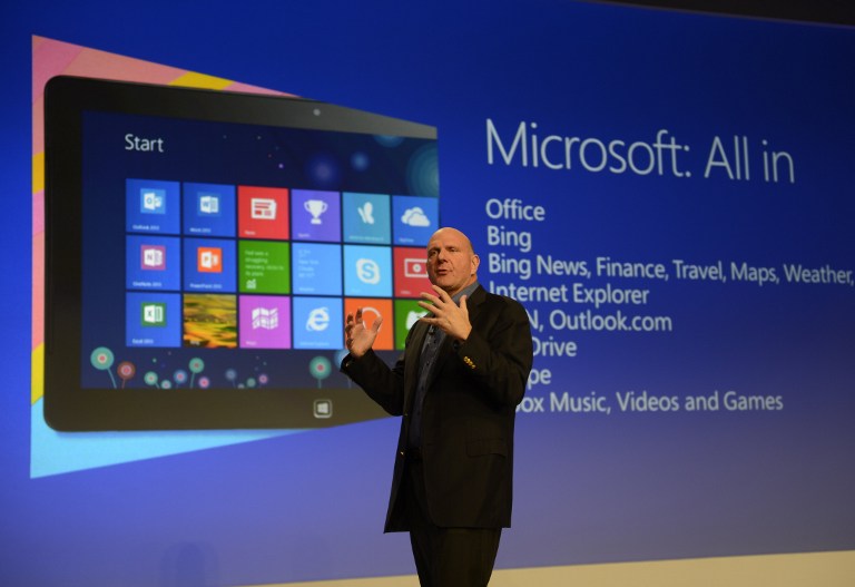 UNITED STATES, New York : Microsoft CEO Steve Ballmer speaks during a press conference at Pier 57 to officially launch Windows 8 in New York October 25, 2012. Microsoft said Thursday its "reimagined" Windows 8 will launch Friday in 37 languages and 140 worldwide markets, as the tech giant unveiled the new version of its computer operating system. AFP PHOTO / TIMOTHY A. CLARY