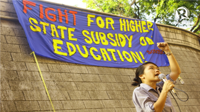 GREATER SUBSIDY. A youth activist calls for greater state subsidy for education. Photo by Rafeal Ligsay